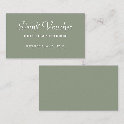 Carte De Visite Elegant Sage Green Wedding Drink Voucher Card (Devant / Derrière)