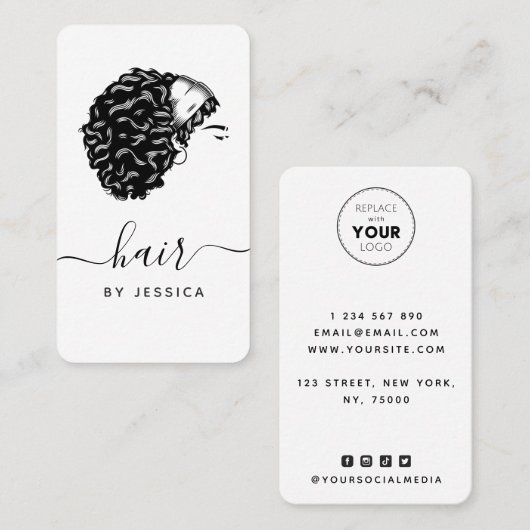Carte De Visite Elégant salon de coiffure noir & blanc Afro Hair G (Devant / Derrière)
