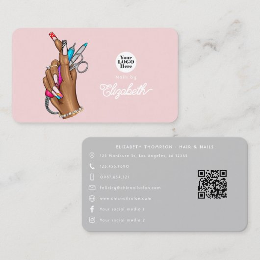 Carte De Visite Élégant salon de ongles rose et argent (Devant / Derrière)