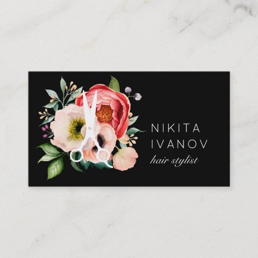 Carte De Visite Elégant Salon Floral Ciseaux Logo Rendez-vous (Devant)