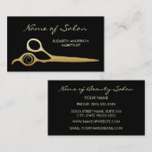 Carte De Visite Elégant salon noir et or ciseaux coiffeur (Devant / Derrière)