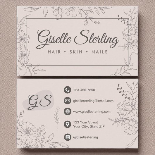 Carte De Visite Élégant script de la ligne florale rose pâle