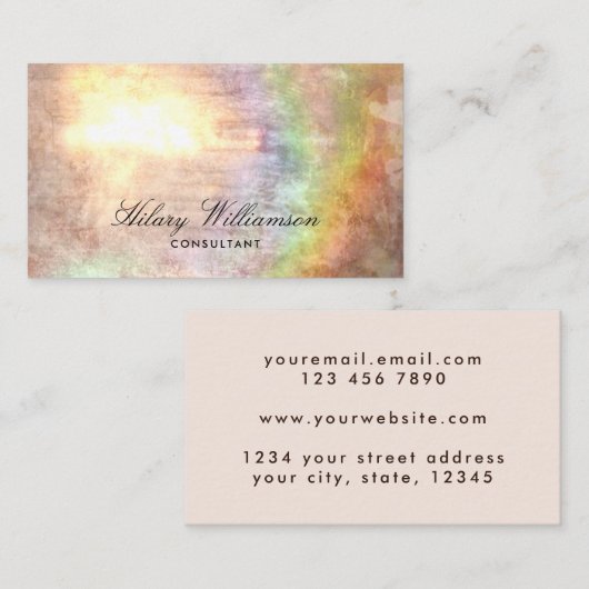 Carte De Visite Élégant Script Holographe Beige Grunge Texture. (Devant / Derrière)