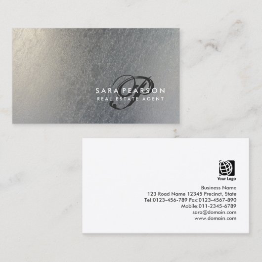 Carte De Visite Élégant Script immobilier Monogramme ArgentTexture (Devant / Derrière)