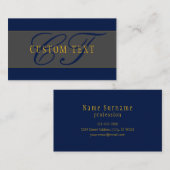 Carte De Visite Élégant Script Monogram Dark Navy Blue Grey & Gold (Devant / Derrière)