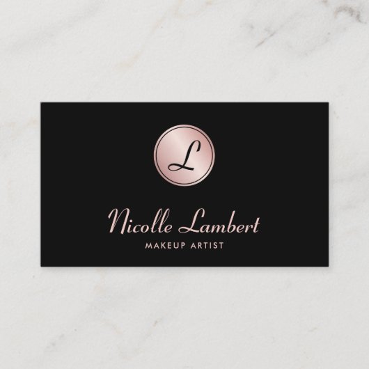 Carte De Visite Élégant Script Monogramme QR Code Rose Or Noir (Devant)