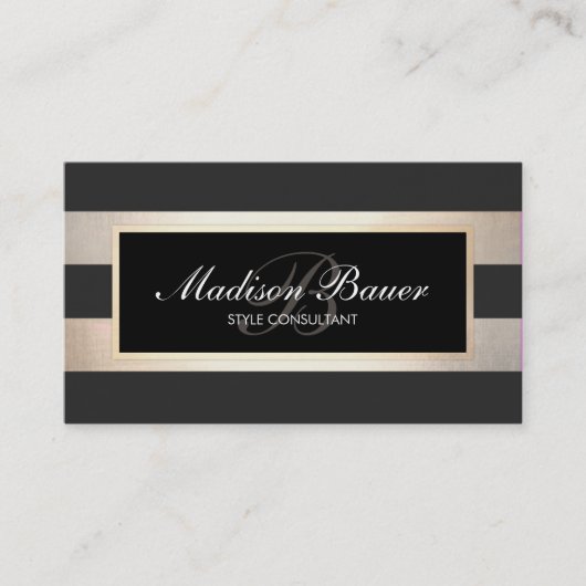 Carte De Visite Élégant Script Monogramme rayé Noir Faux Or (Devant)