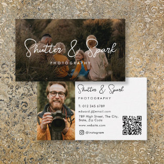 Carte De Visite Élégant script photo pleine photo Code QR