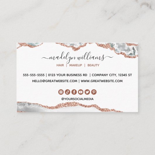 Carte De Visite Élégant Signature Script Blanc Or Agate Marbre (Dos)