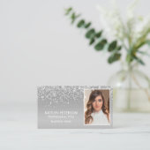 Carte De Visite Elegant Silver Glitter Photo QR Code (Debout devant)