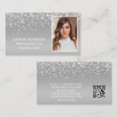 Carte De Visite Elegant Silver Glitter Photo QR Code (Devant / Derrière)