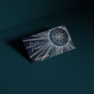 Carte De Visite Elégant Silver Sun Moon Doodle Mandala Blue Design