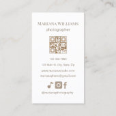 Carte De Visite élégant simple brun script photographe code qr (Dos)