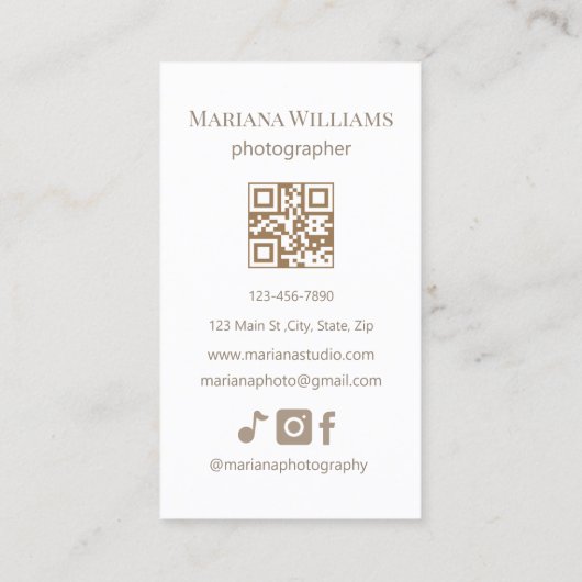 Carte De Visite élégant simple brun script photographe code qr (Dos)