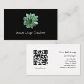 Carte De Visite Elegant Succulent Botanical QR code Black  (Devant / Derrière)