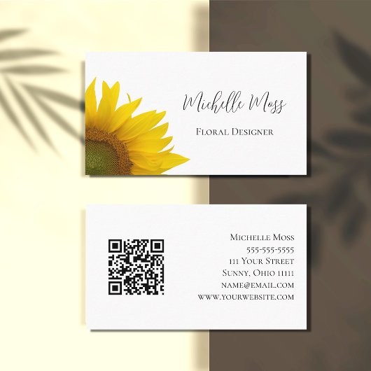 Carte De Visite Elégant Sunflower QR code Floral