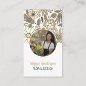 Carte De Visite Elegant Tan & White Floral Photo QR Code Logo (Devant)