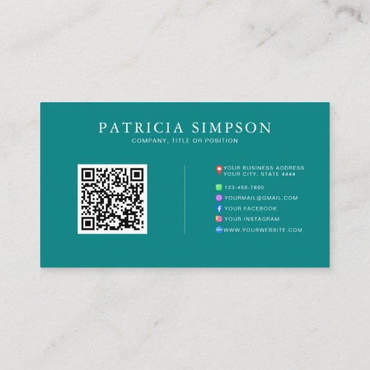Carte De Visite Elegant Teal Green & Beige Cream QR Code Template (Dos)