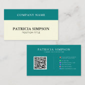 Carte De Visite Elegant Teal Green & Beige Cream QR Code Template (Devant / Derrière)