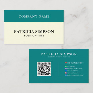 Carte De Visite Elegant Teal Green & Beige Cream QR Code Template