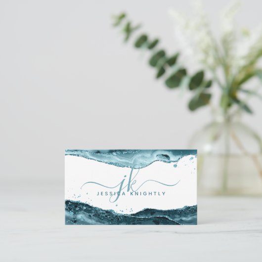 Carte De Visite Élégant Turquoise Agate Parties scintillant Monogr (Debout devant)