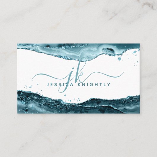 Carte De Visite Élégant Turquoise Agate Parties scintillant Monogr (Devant)