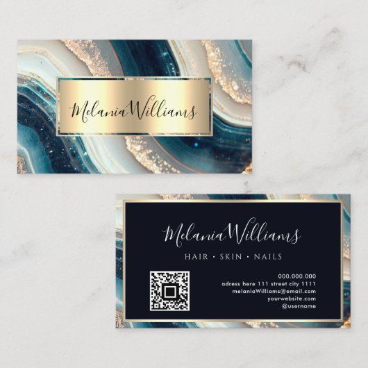 Carte De Visite Elégant Turquoise Marbre Or Géode Agate Code QR (Devant / Derrière)