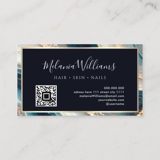 Carte De Visite Elégant Turquoise Marbre Or Géode Agate Code QR (Dos)
