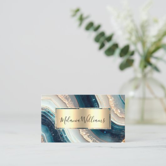 Carte De Visite Elégant Turquoise Marbre Or Géode Agate Code QR (Debout devant)