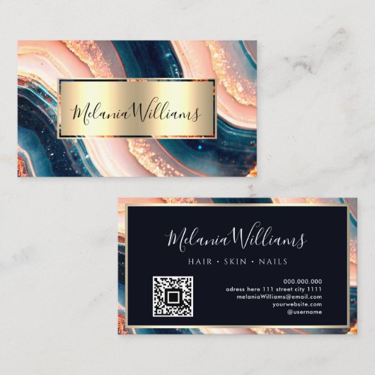 Carte De Visite Elégant Turquoise Marbre Or rose Géode Agate Code  (Devant / Derrière)