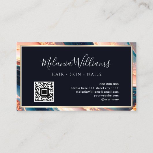 Carte De Visite Elégant Turquoise Marbre Or rose Géode Agate Code  (Dos)