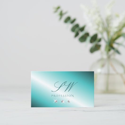 Carte De Visite Élégant Turquoise Silver Sparkling Diamonds Initia (Debout devant)