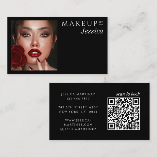 Carte De Visite Elegant Typography Black QR Code Photo Makeup (Devant / Derrière)