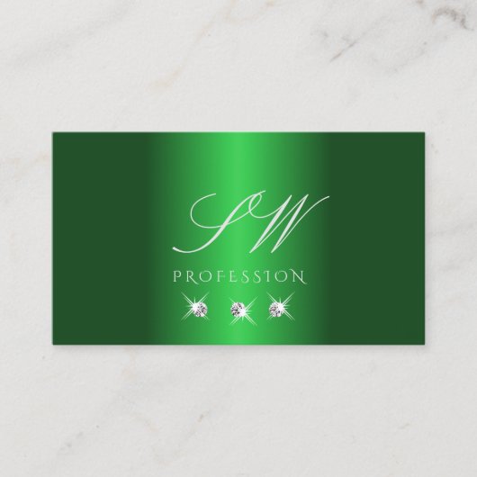 Carte De Visite Élégant Vert Argent Sparkling Diamants Initiales (Devant)