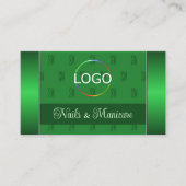 Carte De Visite Élégant vert avec logo photo et Motif de monogramm (Devant)