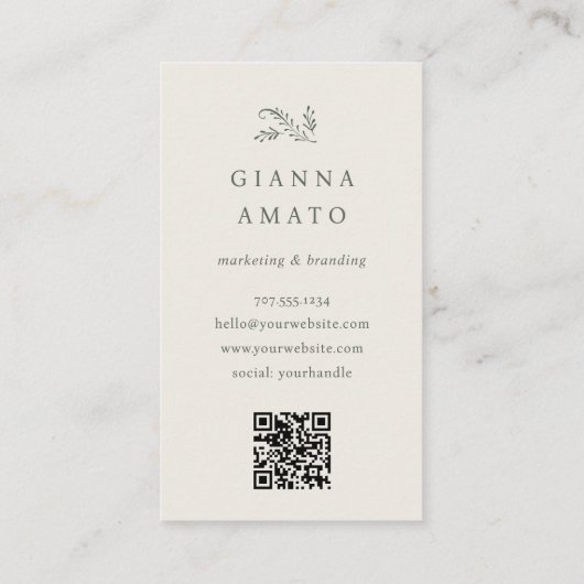 Carte De Visite Élégant vert et crème Botanique QR Code vertical (Dos)