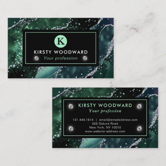 Carte De Visite Élégant vert foncé et Parties scintillant argenté (Devant / Derrière)