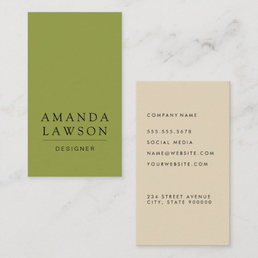 Carte De Visite Élégant Vert olive simple et beige (Devant / Derrière)
