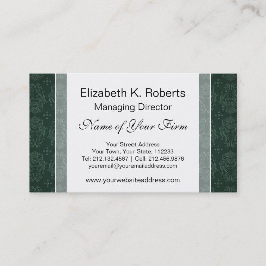Carte De Visite Elégant Vert Victorien Damas Style Vintage (Devant)