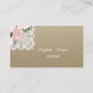 Carte De Visite Elégant Vintage, Kraft, Dentelle, Fleurs aquarelle