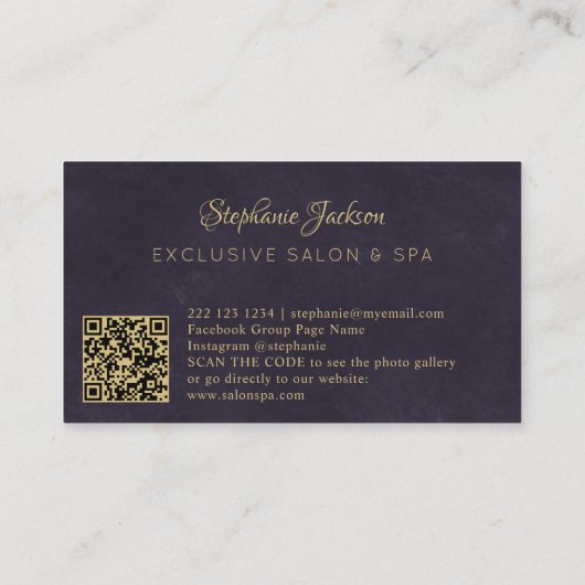 Carte De Visite Elégant violet foncé et or code QR luxe (Dos)