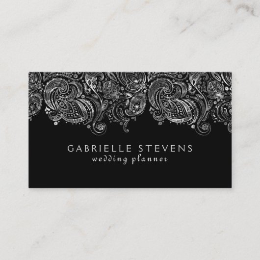 Carte De Visite Élégant Wedding planner Argent Et Paisley Noir (Devant)