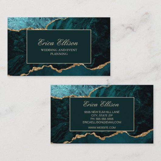 Carte De Visite Élégant Wedding planner en marbre vert or (Devant / Derrière)