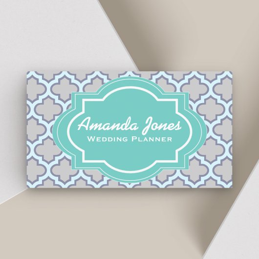 Carte De Visite Élégant Wedding planner Quatrefoil Turquoise gris