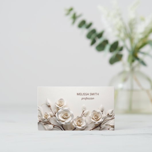 Carte De Visite Elegant White 3D Roses (Debout devant)