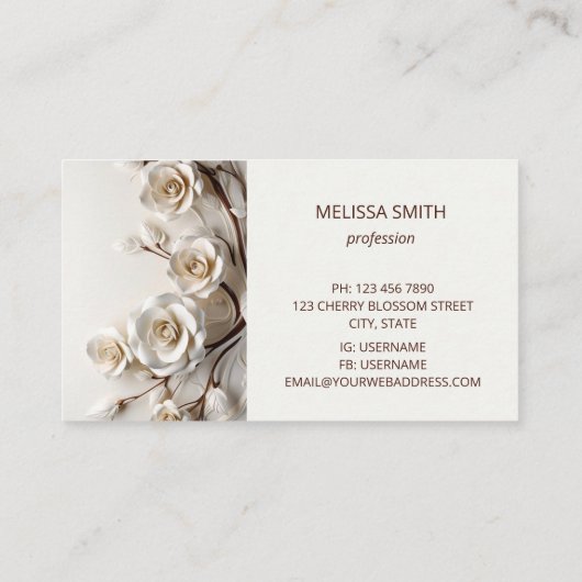 Carte De Visite Elegant White 3D Roses (Dos)