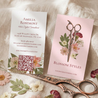 Carte De Visite Elegant Wildflower Floral Hair Stylist Scissors