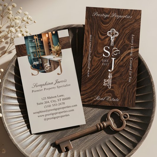 Carte De Visite Elegant Woodgrain Key Monogram Stylish Arch Photo