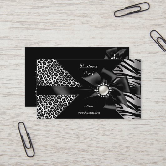 Carte De Visite Elégant Zebra Leopard Black Diamond look (Devant/Arrière en situation)