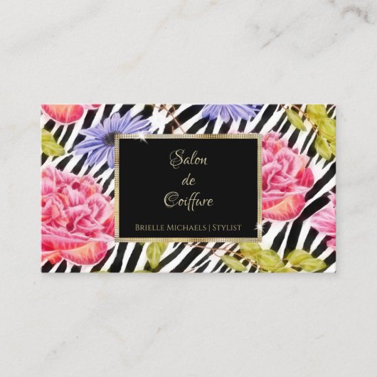 Carte De Visite Elégant Zebra Print rose Floral Gold Frame Salon (Devant)